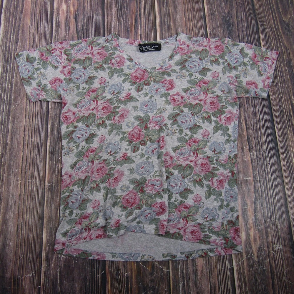 Katelyn Rose Womens Large Gray Floral Rose T Shirt Vintage USA Granny Core
